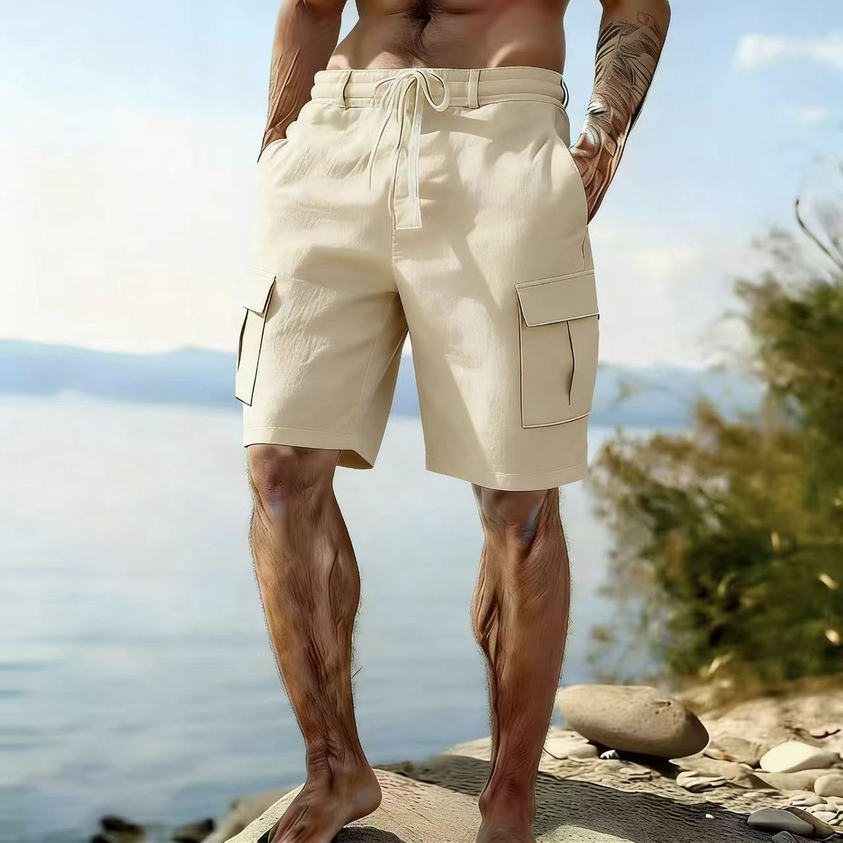 Men's Clothing Men's Cotton Linen Work Shorts Drawstring Elastic Waist Straight Leg Solid Color Breathable Everyday Beach Shorts Five Point Pants_viptrois.com
