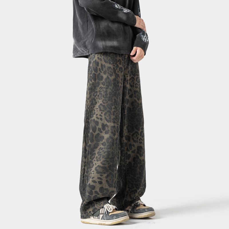 American High Street Leopard Print Jeans For Men, Spring And Autumn Style, Loose Straight Pants, Trendy Brand, Stylish_viptrois.com