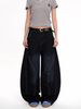 American Washed Distressed Dark Blue Curved Jeans For Men And Women, Loose Wide Leg Vintage Long Pants_viptrois.com