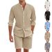 Men's Clothing Linen Button Shirt Long Sleeved Shorts Cardigan Casual Loose Beach Suit_viptrois.com