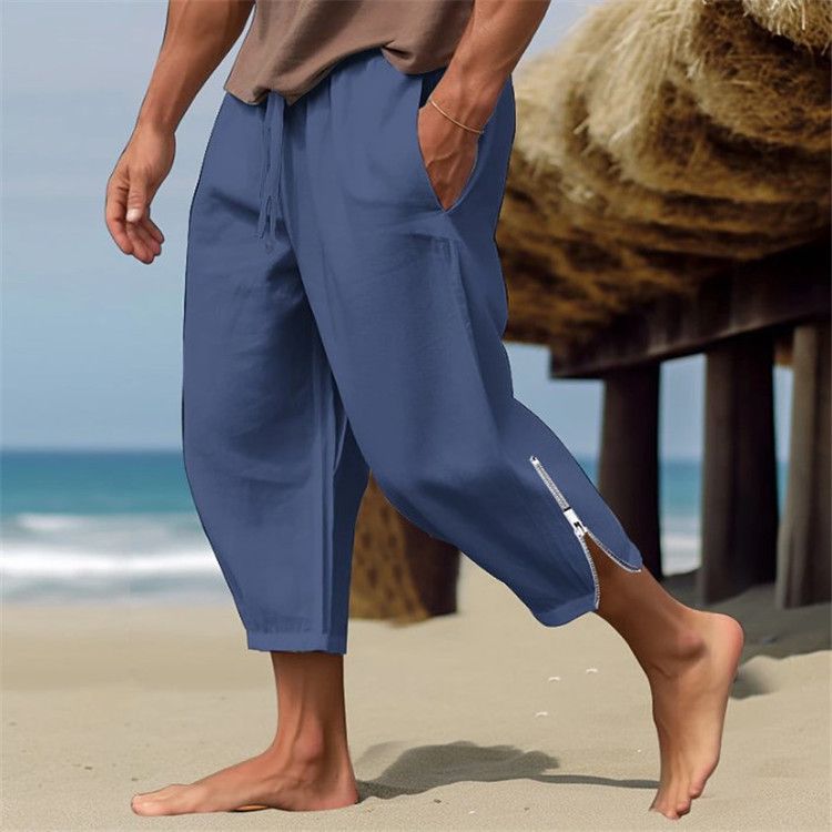 Men's Clothing Men's Linen Trousers Summer Beach Pants Drawstring Elastic Waist Zipper Trouser Legs Solid Color Comfortable Breathable Casual Pants_viptrois.com