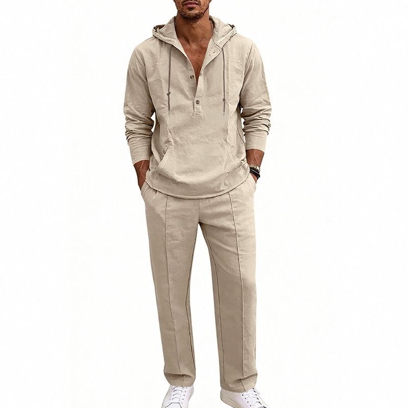 Men's Linen Hoodie And Lounge Pants Set | Relaxed Fit Long Sleeve Hooded Outfit For Spring Autumn Comfort_viptrois.com