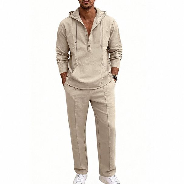 Men's Linen Hoodie And Lounge Pants Set | Relaxed Fit Long Sleeve Hooded Outfit For Spring Autumn Comfort_viptrois.com