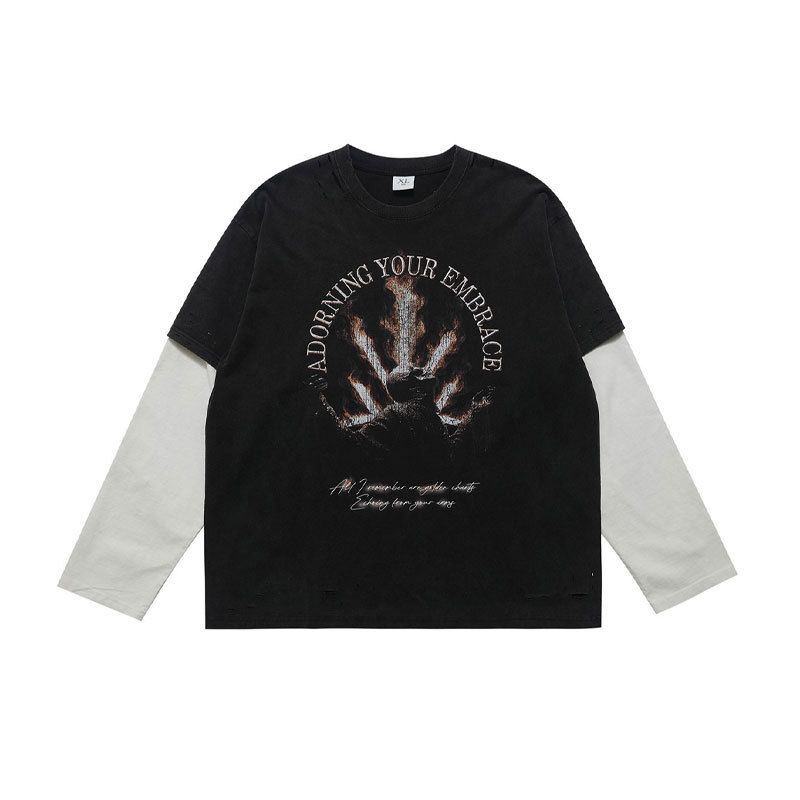 American-style Trendy Brand Men's Faux Two-piece Long-sleeve T-shirt With Washed Vintage High Street Skull_viptrois.com