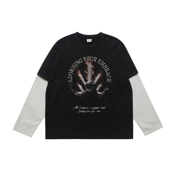 American-style Trendy Brand Men's Faux Two-piece Long-sleeve T-shirt With Washed Vintage High Street Skull_viptrois.com