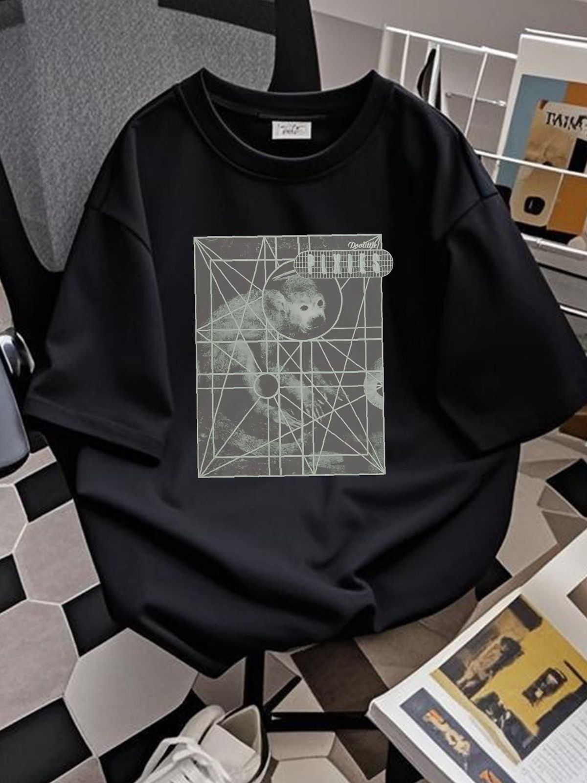 pixies Monkey Grid T Shirt Breathable Stylish Soft Fashion Graphic Casual Designer Clothes Slightly Summer Stretched Top For Everyday Wear_viptrois.com