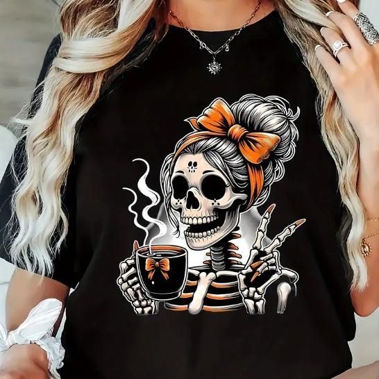 Unisex Día Muertos Halloween - Diseño De Calavera Femenina Con Detalles Festivos Flores, Bow, Bebidas,Camiseta Hombre/_viptrois.com