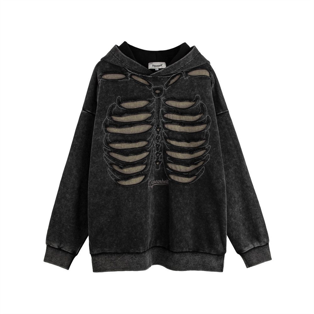 Dark Design Sense Cut Out Skeleton Hooded Sweatshirt For Men, Niche Trendy Brand, Washed Vintage Distressed Pullover_viptrois.com