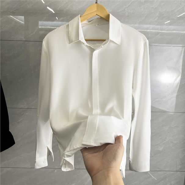 Men's Clothing Autumn Seamless Buttoned White Shirt Men's Drape Long Sleeve Hair Stylist Pure White Loose Casual Chiffon Shirt Small Fresh_viptrois.com