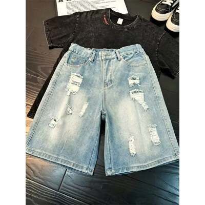 Men's Clothing Men's High Street Distressed Denim Shorts Straight Leg Ripped Jeans Summer Vibe Washed Five Point Pants Style_viptrois.com