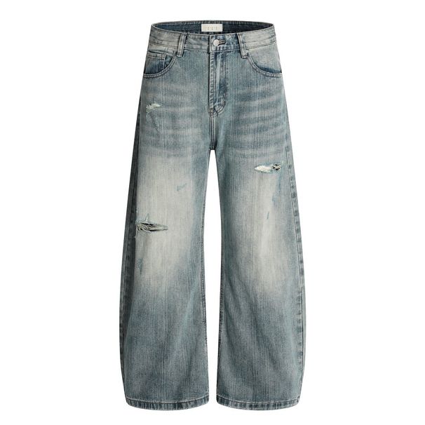 Loose Fit Distressed Washed Jeans For Men American Street Style Vibe Wide Leg Frayed Vintage Casual Long Pants_viptrois.com
