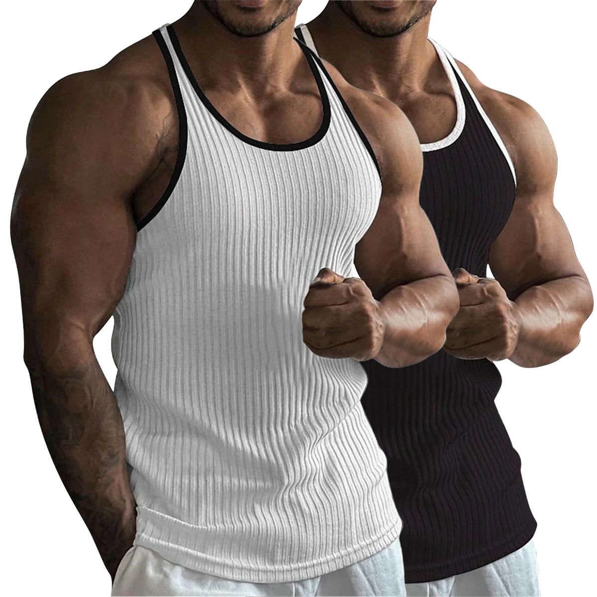 Men's Summer Vertical Striped Knit Fitness Casual Sports Straight Hem Multicolor Slim Fit Tank Top_viptrois.com