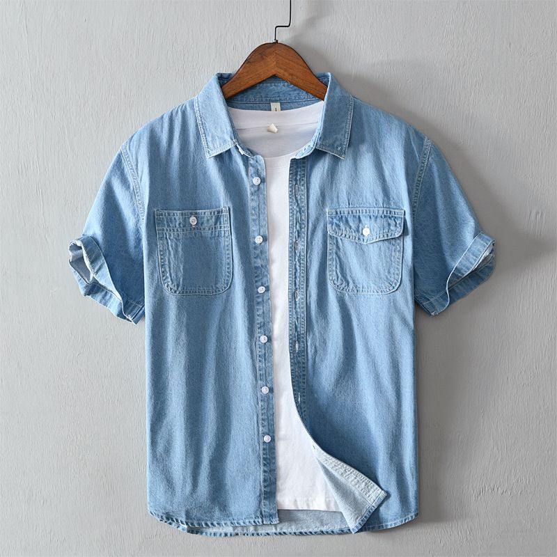 Summer Men's Solid Color Cotton Denim Casual Short Sleeved Shirt_viptrois.com