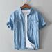 Summer Men's Solid Color Cotton Denim Casual Short Sleeved Shirt_viptrois.com