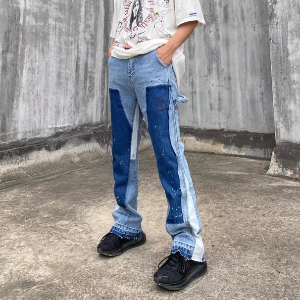 Man's clothing High street splash ink micro flare men's fashion mopping color patchwork jeans_viptrois.com