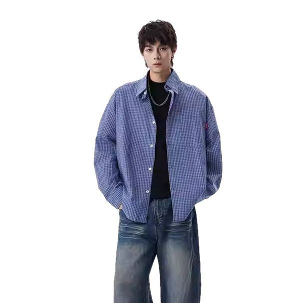 Nordmann Fashion American Retro Spring Autumn Blue Check Long Sleeve Men's Trendy Loose Couple Versatile Casual Shirt_viptrois.com