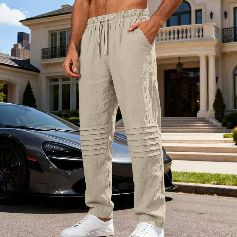 Men's Loose Linen Casual Trendy Pleated Trousers mid Waist Breathable Straight Leg Autumn New Arrival American Style Black Solid_viptrois.com