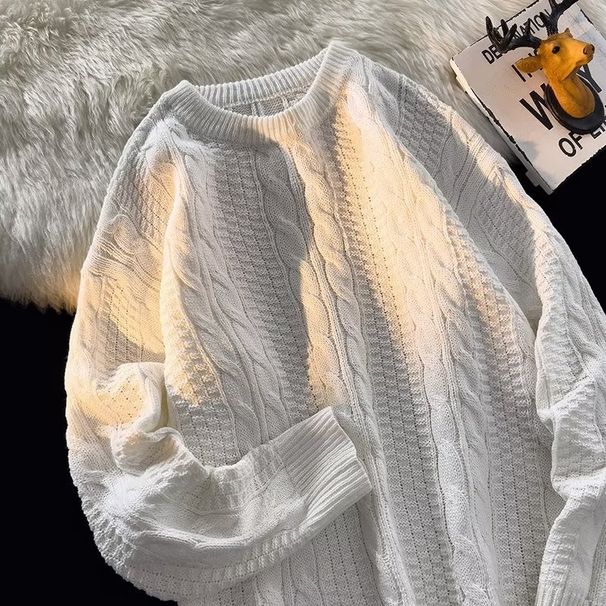 Men's Cable Knit Sweater - Vintage Loose Fit Pullover, Retro Casual Crewneck Jumper, Streetwear Winter Fashion_viptrois.com