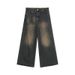 Small Niche Worn-Out Washed Straight Jeans For Men In Autumn, Loose And Versatile Wide Leg Floor Length Pants_viptrois.com