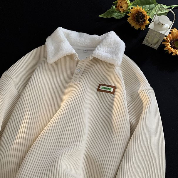 Loom Corduroy Polo Collar Sweatshirt Autumn And Fleece-Lined Thickened Lamb Wool Jacket Men's Winter Hong Kong Style Youth_viptrois.com