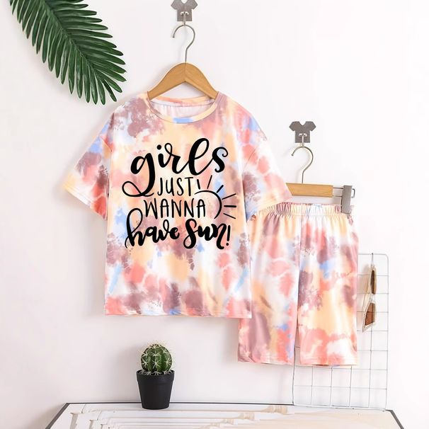 Mother & Kids INS Girls Summer Casual Tie Dye Full Print Round Neck Short Sleeve 2 Piece Set Fashion Casual Suit_viptrois.com