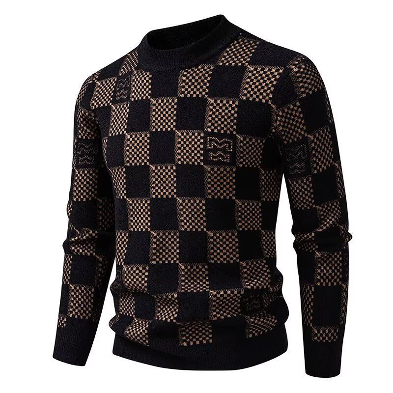 Checkered Sweater, Autumn And Winter Jacquard Knit Sweater, Semi High Neck Base Sweater, Men's Clothing_viptrois.com