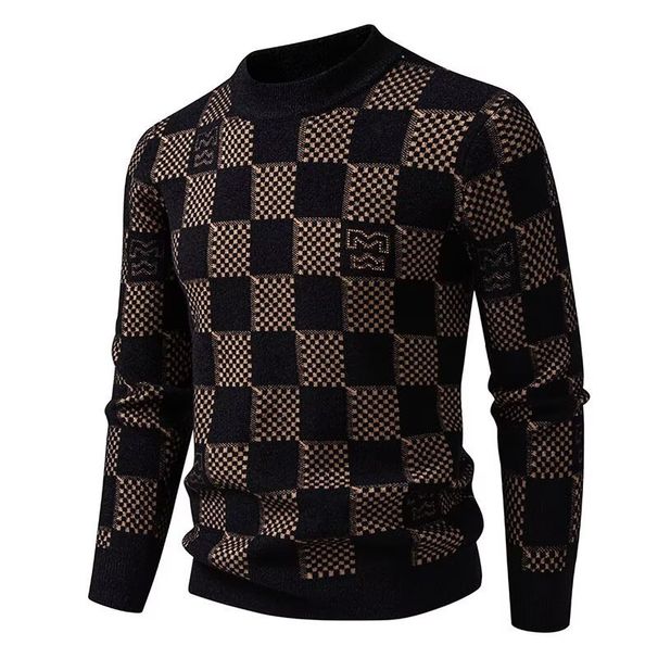 Checkered Sweater, Autumn And Winter Jacquard Knit Sweater, Semi High Neck Base Sweater, Men's Clothing_viptrois.com