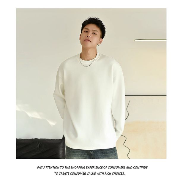 American Retro Heavy Cotton Long Sleeve T-Shirt Men, New Loose Fit Large Size Round Neck Drop Shoulder Tee For Spring_viptrois.com