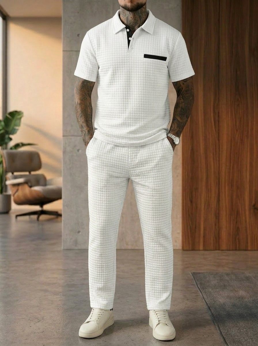Men's Clothing Men's Casual Sportswear Trendy Summer Two Piece Set Waffle Knit Collar Short Sleeved Trouser Suit Style_viptrois.com
