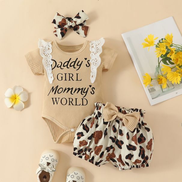 Babies' clothes summer children's lace suit 0-1 years old baby girl short-sleeved letter pit strip top flower bow shorts_viptrois.com