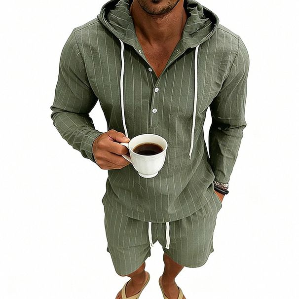 Men's Clothing Men's Summer Outfit Loose Linen Jacquard Striped Casual Long Sleeve Henley Top With Hood And Shorts Set_viptrois.com
