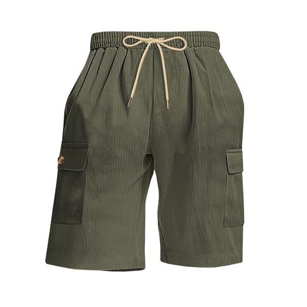 Men's Clothing Men's Summer Corduroy Multi Pocket Five Point Casual Sporty Drawstring Solid Color Cargo Shorts_viptrois.com