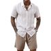 Men's Summer Casual Two Piece Set Blue And White Striped Short Sleeve Shirt And Shorts High-End Style_viptrois.com