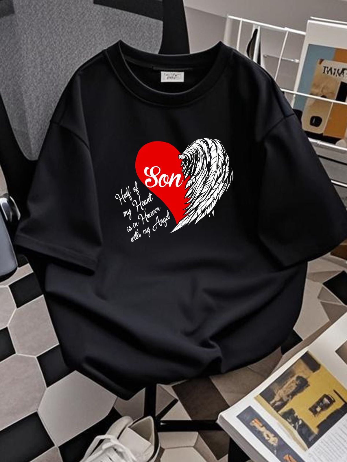 Son Angel - Half Of My Heart Is In Heaven With T-Shirt Stylish Fashion Stretched Designer Clothes Homme Casual Graphic Slightly Streetwear Summer_viptrois.com