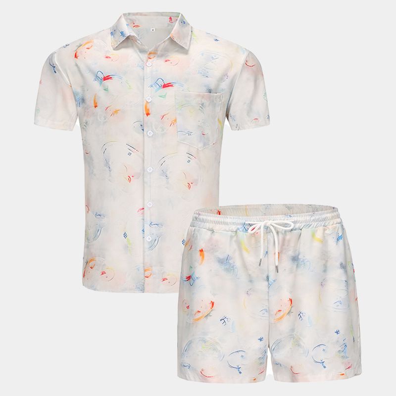 Men's Clothing Summer New Style Trend Two Piece Casual Printed Men's Lapel Short Sleeved Shirt Suit_viptrois.com