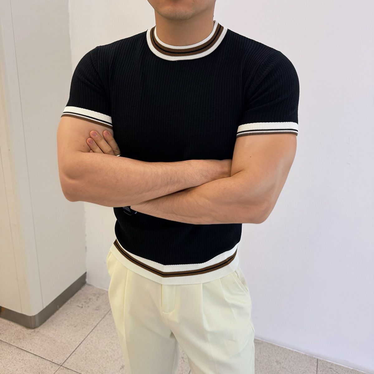 Men's Stylish Color Block Short Sleeve T-Shirt - Breathable Knit Fabric, Trendy Summer Casual Top_viptrois.com