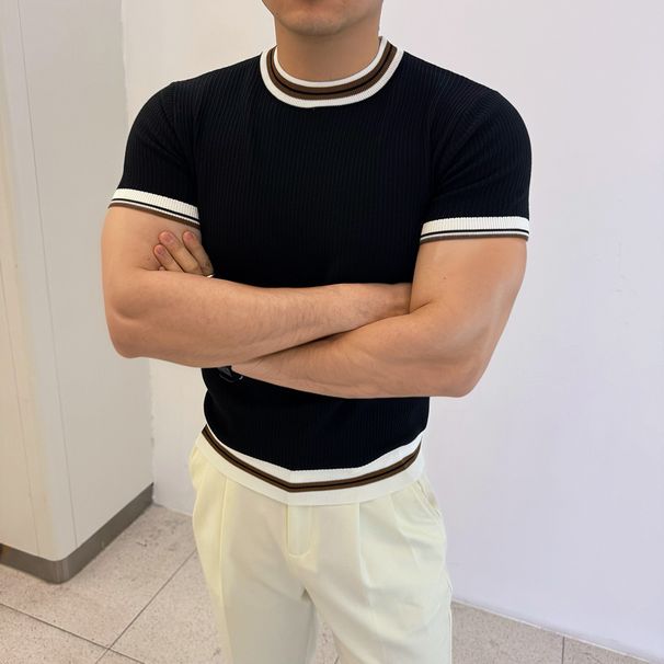 Men's Stylish Color Block Short Sleeve T-Shirt - Breathable Knit Fabric, Trendy Summer Casual Top_viptrois.com