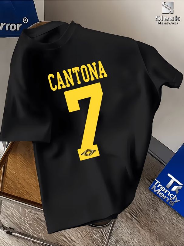 Maglietta Uomo Cotone 180g Stile Vintage Cantona Numero 7 Collo Tondo Traspirante Hip Hop Uso Quotidiano Vestibilità Regolare_viptrois.com