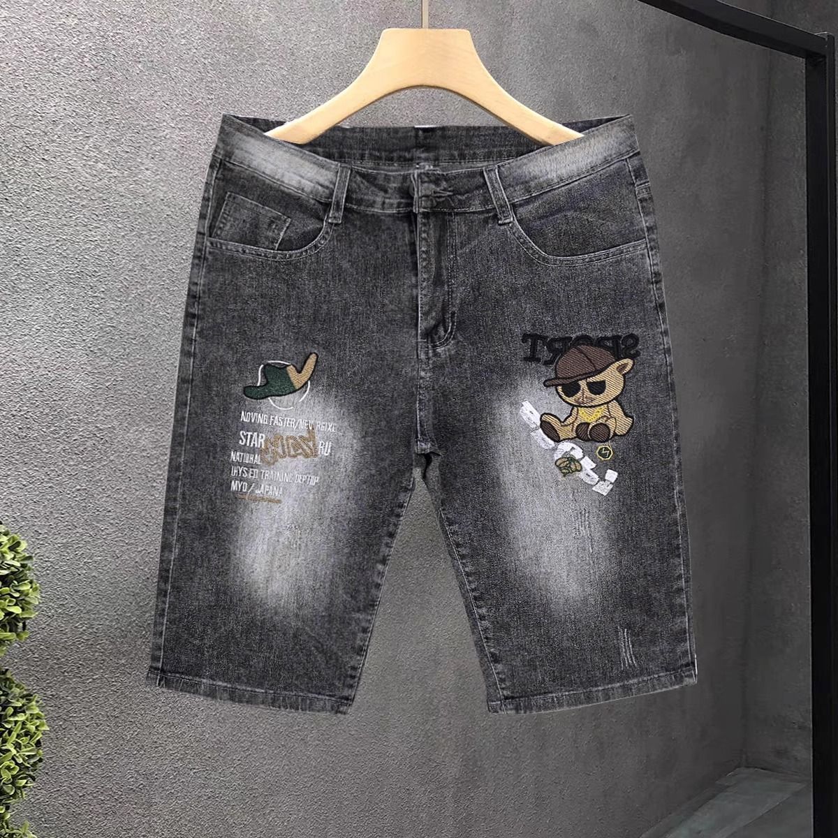European Style Men's Trendy Denim Shorts Summer Thin Brand Five-Point Mid-Length Embroidered Korean Slim Fit Stretch_viptrois.com