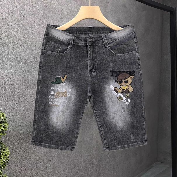 European Style Men's Trendy Denim Shorts Summer Thin Brand Five-Point Mid-Length Embroidered Korean Slim Fit Stretch_viptrois.com