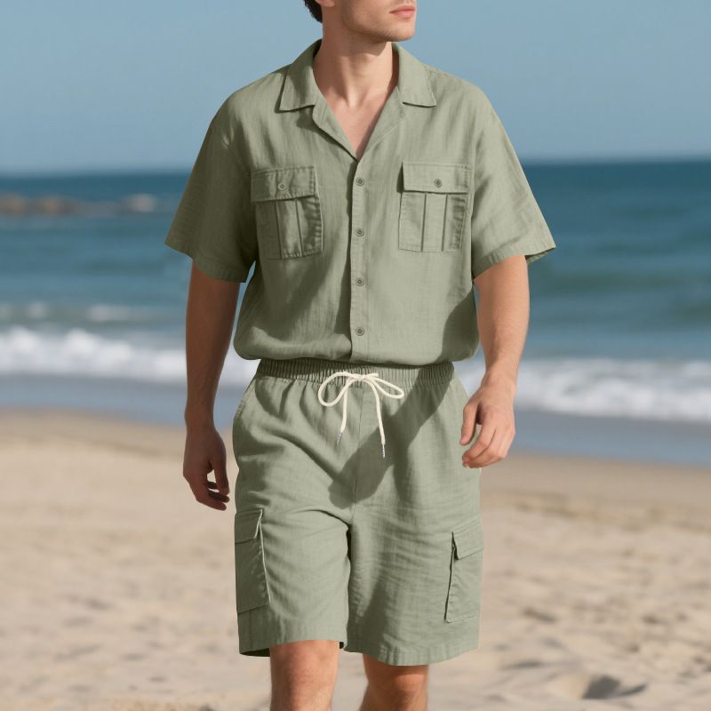 Men's Summer Linen Workwear Hawaiian Shirt Short Sleeve Simple Print With Shorts Set Exclusive_viptrois.com
