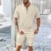 Men's Clothing Men's Clothing Men's Summer Waffle Stand Collar Zipper Solid Color Short Sleeved Shorts Men's Outdoor Leisure Suit_viptrois.com