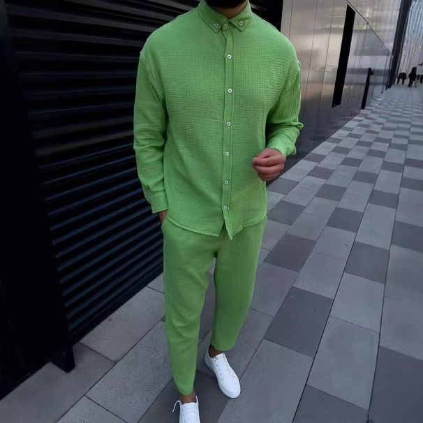 Autumn and winter men's wrinkled bubble casual suit sleeved fashionable workwear long pants two-piece set_viptrois.com
