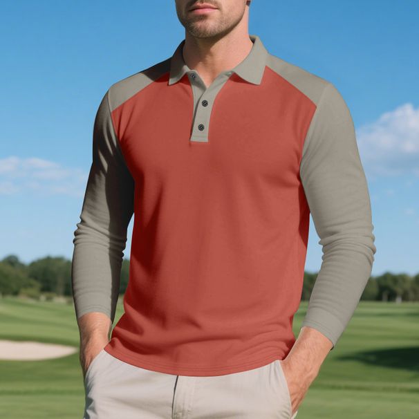 Men's Clothing Color Matching Casual Autumn Golf Lapel Buttoned Long Sleeved Shirt_viptrois.com