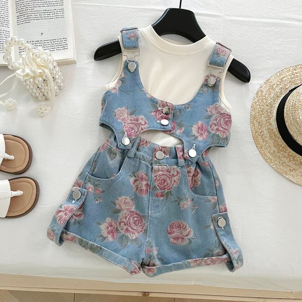Children's Suit New Arrival Summer Korean Style Girls Sweet Spicy Flower Suspenders Denim Suit Thin Underwear Three Piece Suit Trendy_viptrois.com