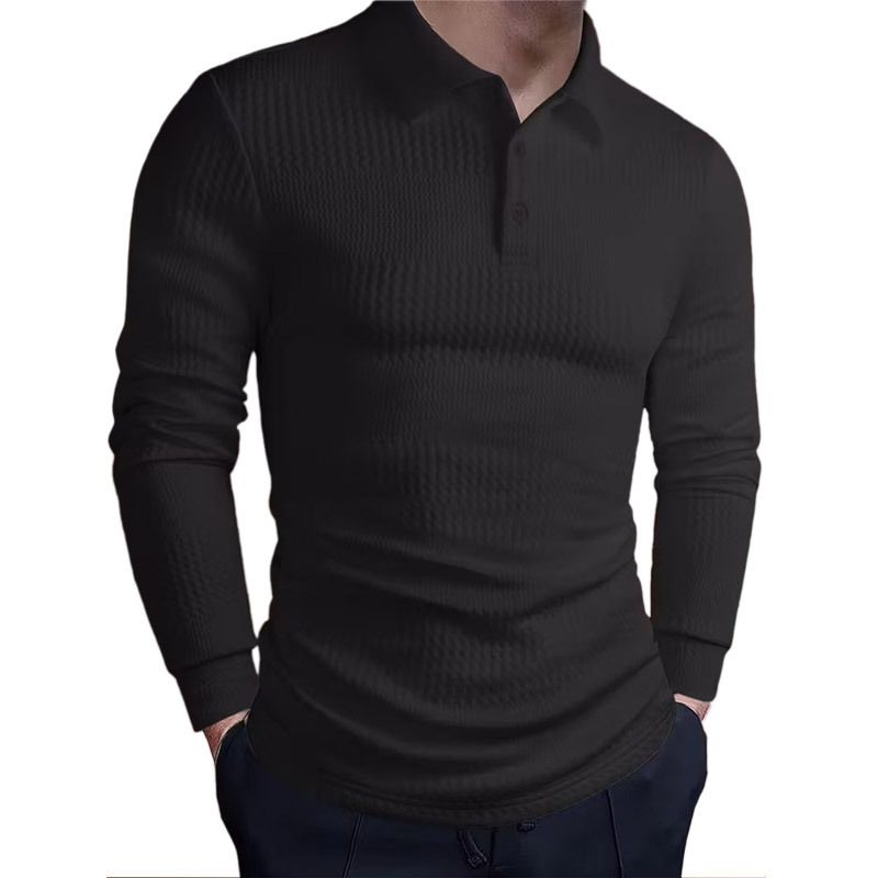Solid Color Jacquard Knit Sweater Long Sleeve Shirt Slim Lapel Polo Shirt Men's Tops_viptrois.com