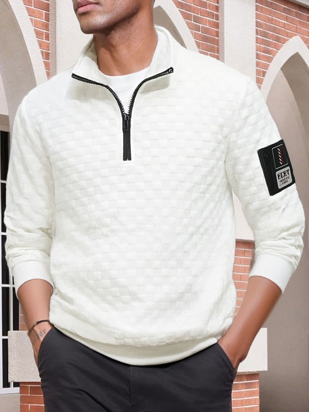 Men's Fleece Half-Zip Pullover | Thermal Lined Stand Collar | Grid Pattern Outdoor Jacket | Stretch Cuffs For Active Wear_viptrois.com
