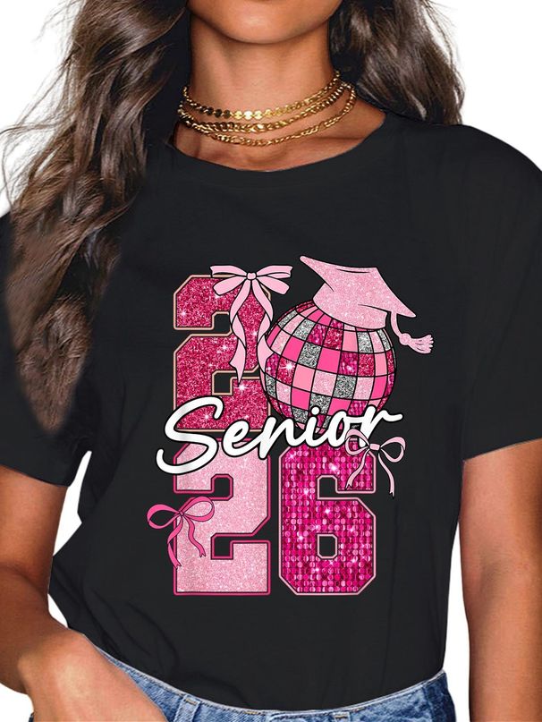 Camiseta Algodón Retro Para Senior Con Lazo Coqueta Graduación Clase De 2026_viptrois.com
