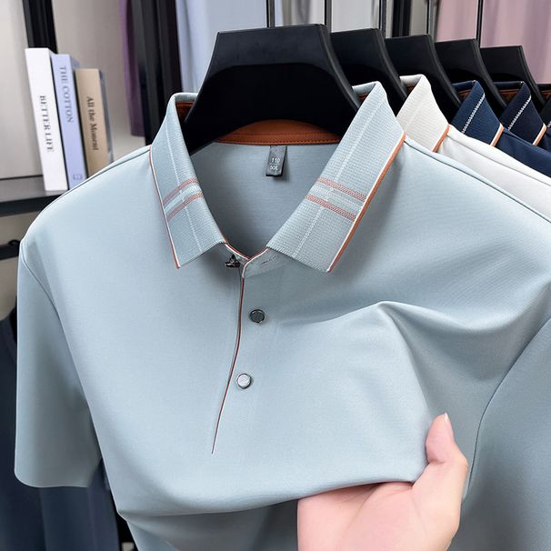 Men's Mulberry Silk Polo Sh 2026 Summer New Seamless Lapel Solid Color Casual Breathable Thin Short-sleeve Men's_viptrois.com