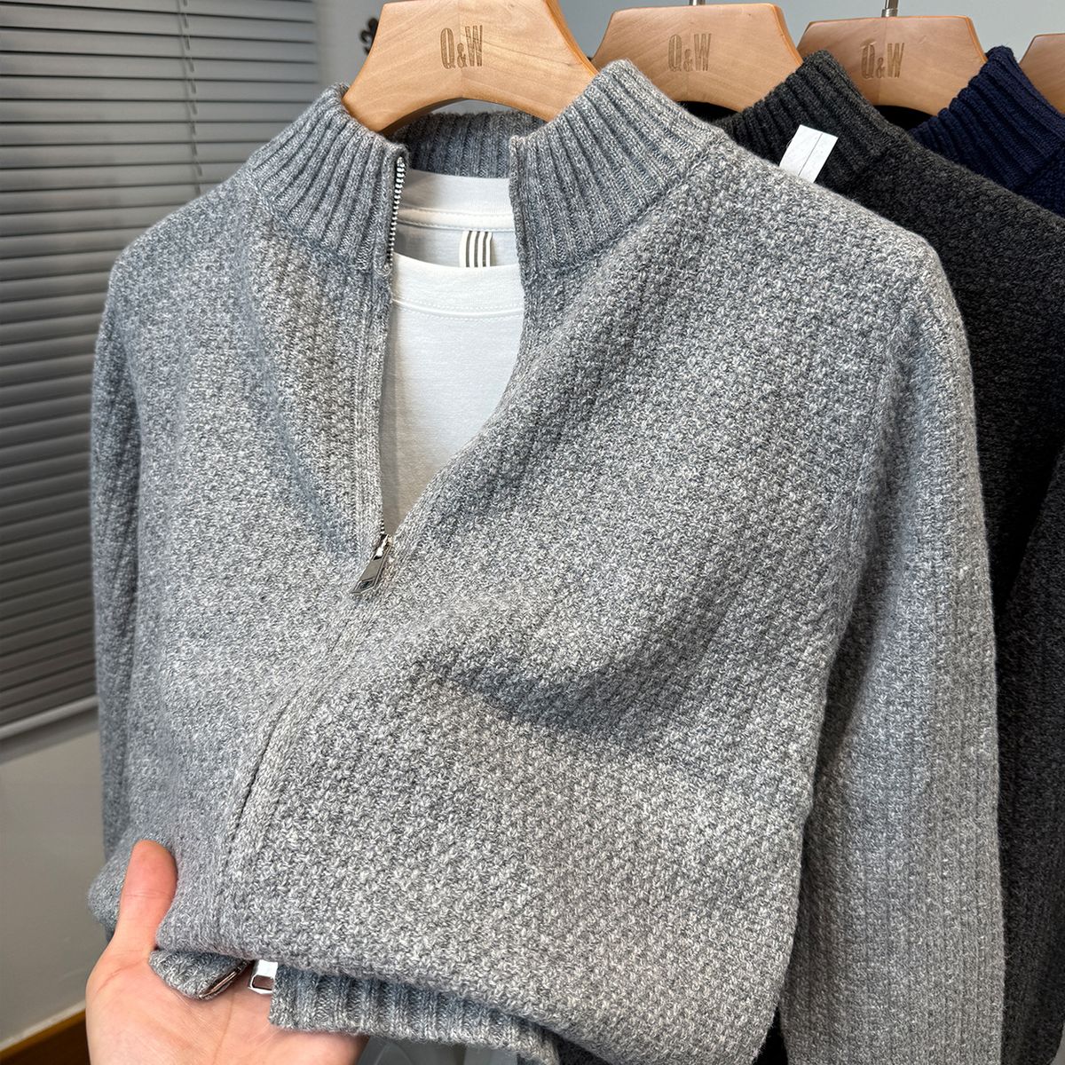Men’s Zip-Up Knit Cardigan – Semi-Turtleneck Lightweight Sweater (M-3XL, Light Grey/Dark Grey/Beige/Navy)_viptrois.com
